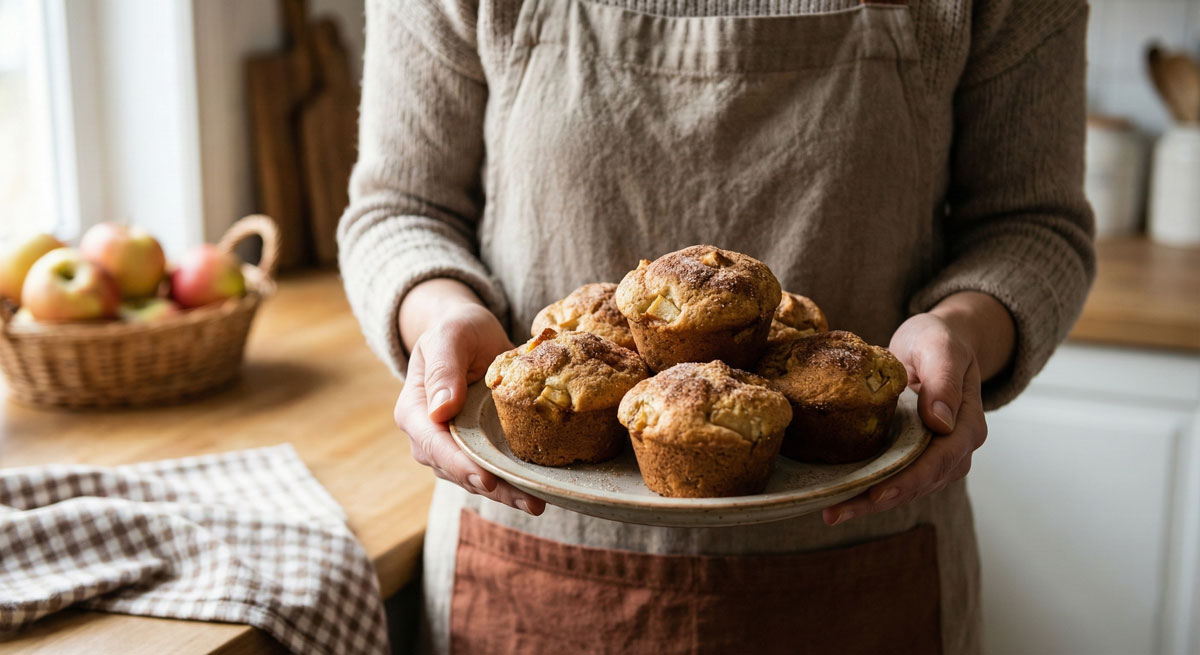 A close-up of a woman's hands holding a ceramic plate filled with freshly baked Vegetarian Apple and Cinnamon Muffins in a cozy kitchen setting.
