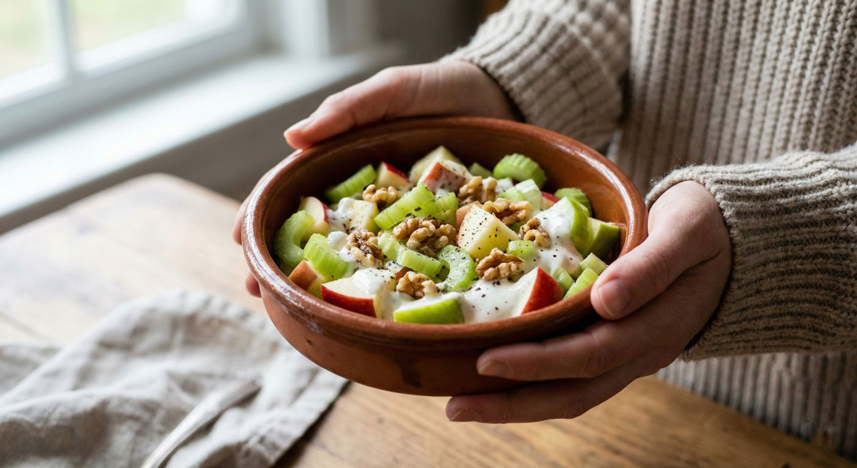 A close-up photograph of a person holding a bowl of fresh Vegetarian Apple and Walnut Salad with celery and yogurt dressing.
