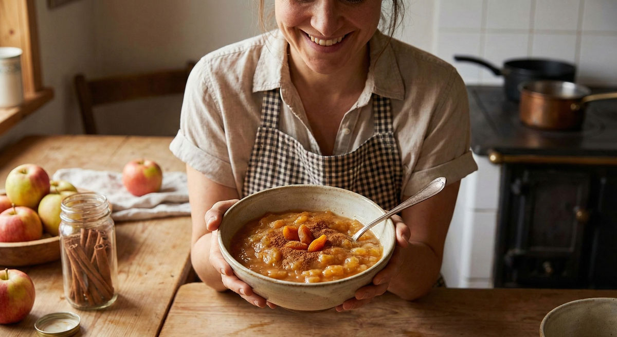 A smiling woman holding a ceramic bowl of homemade Vegetarian Apricot Applesauce garnished with cinnamon and dried apricots in a rustic kitchen setting.