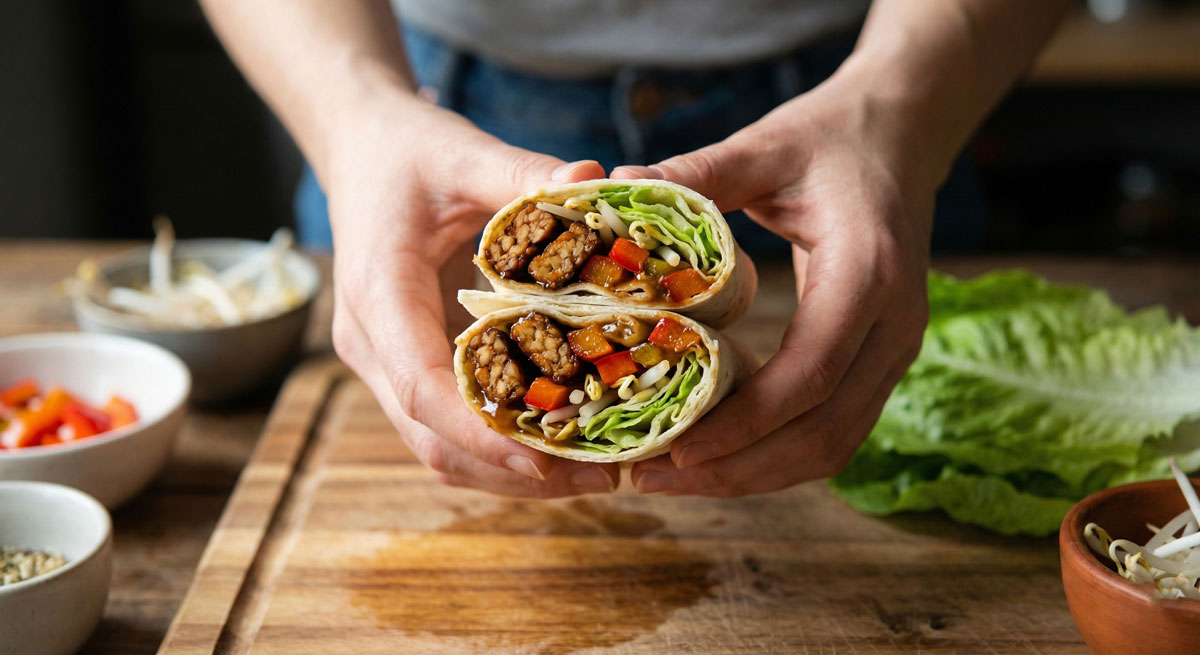 Close-up of hands holding a Vegetarian Asian Lettuce Wrap Sandwich, cut in half to show the savory tempeh, red bell pepper, bean sprouts, and fresh lettuce filling, on a wooden cutting board.