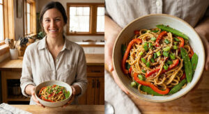 Smiling woman holding a rustic bowl of Vegetarian Asian Sesame Tahini Noodles garnished with fresh scallions, red bell peppers, and sesame seeds.