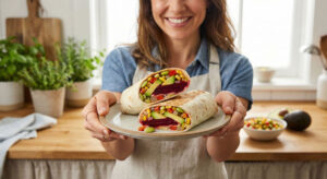 Woman holding a plate of Vegetarian Avocado-Beet Wraps cut in half, showing colorful layers of red beets, avocado wedges, and corn succotash.