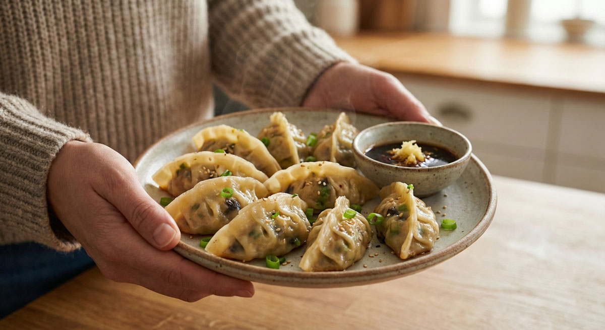 A person holding a plate of freshly steamed Vegetarian Avocado and Shiitake Pot Stickers with a side of dipping sauce.