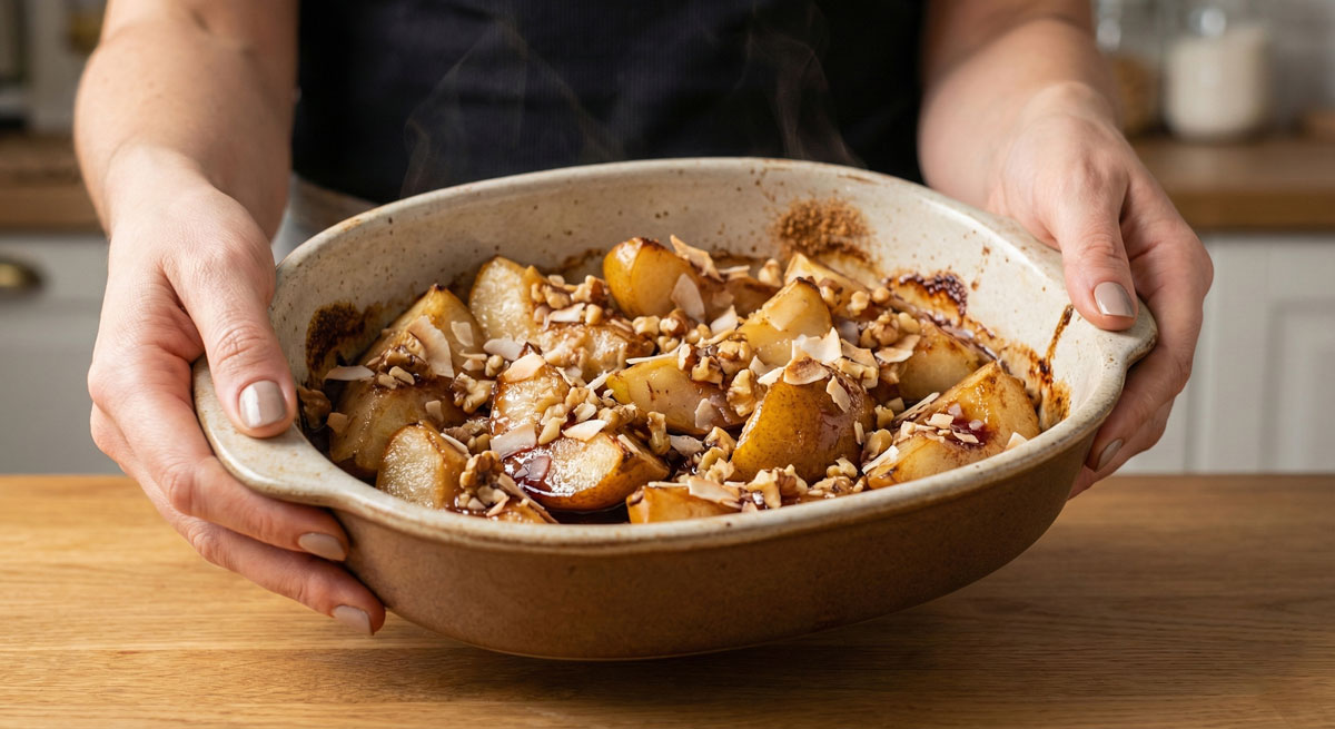 A woman's hands holding a steaming dish of Vegetarian Baked Pears topped with walnuts and coconut flakes in a ceramic baking dish.