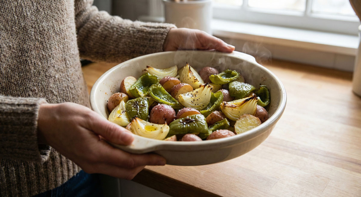 Woman's hands holding a steaming ceramic baking dish loaded with roasted vegetarian baked peppers and onions and red potatoes in a natural light kitchen setting.