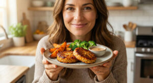 Woman holding a plate with Vegetarian Basic Baked Tempeh Patties, roasted sweet potato wedges, steamed broccoli, and a small bowl of dipping sauce.