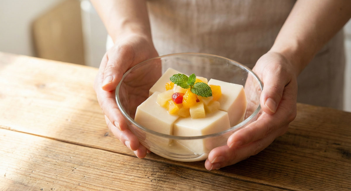 Close-up of a woman's hands holding a clear glass bowl filled with a Vegetarian Almond Fruit Cocktail Float, featuring creamy almond jelly cubes topped with mixed fruit.