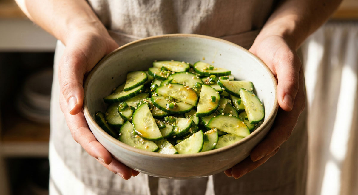 Woman holding a rustic bowl filled with fresh Vegetarian Asian Cucumber Salad, sliced into half-moons and tossed in a sesame and jalapeño dressing.