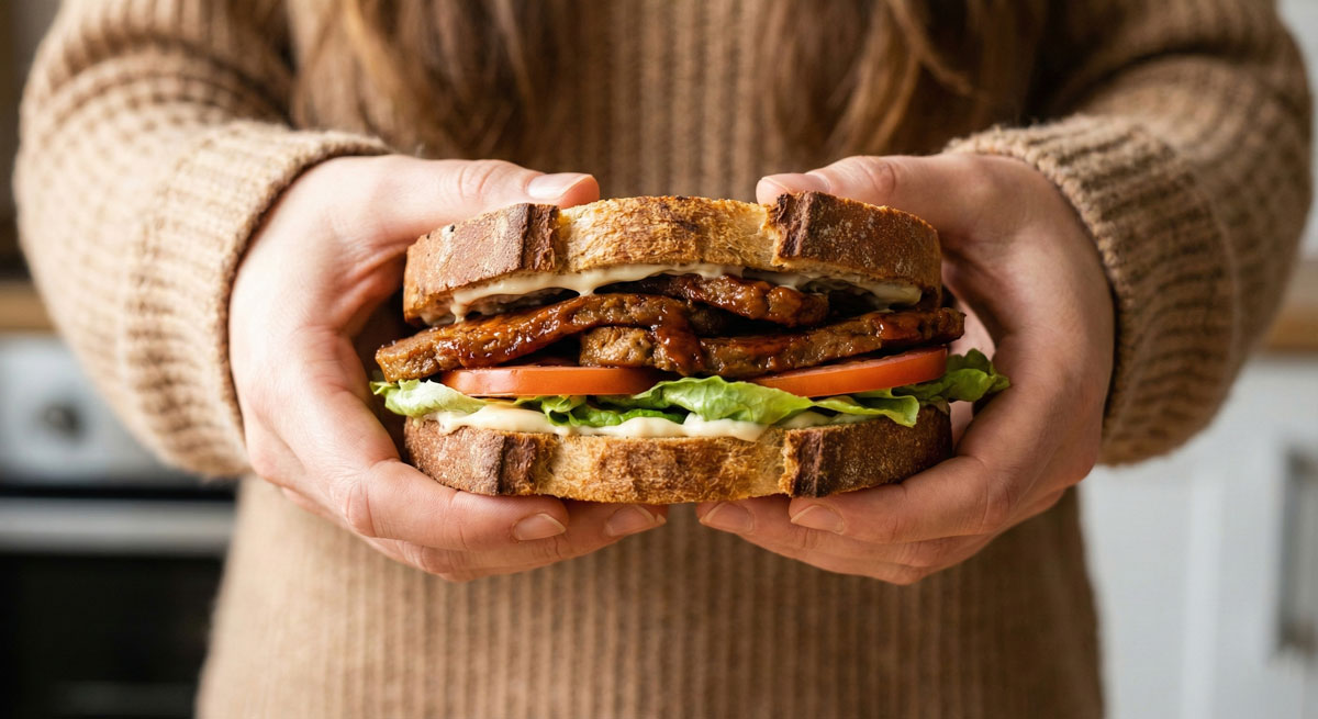 Woman holding a hearty BBQ Seitan sandwich on sourdough bread layered with fresh lettuce and tomato.