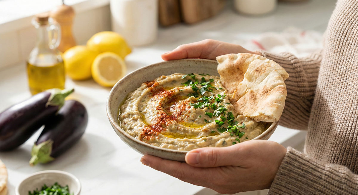 Woman holding a rustic bowl of creamy Baba Ghanouj garnished with olive oil, paprika, and parsley, served with warm pita bread wedges.