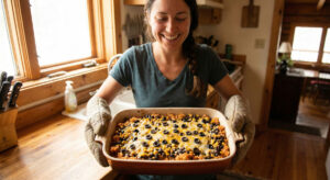 Smiling woman holding a hot casserole dish filled with Vegetarian Baked Mexican Rice Casserole topped with vegan cheese and sliced olives.