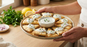 A woman holding a platter of golden, crispy Baked Pita Chips with Yogurt Dressing topped with red onions and fresh parsley in a bright kitchen.