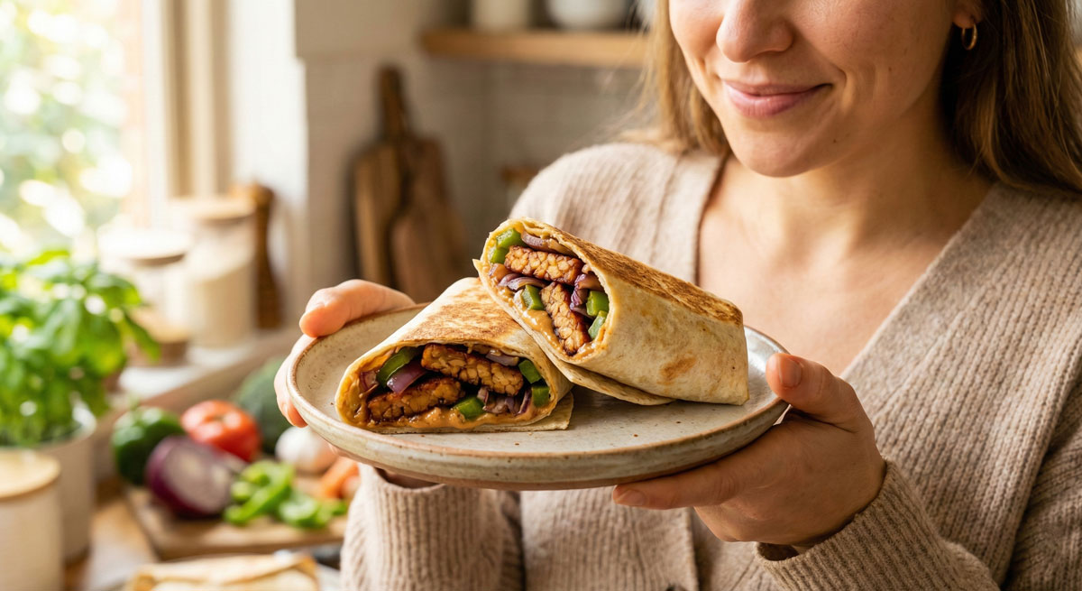 Woman holding a plate featuring golden-brown Baked Tortilla Wraps filled with savory tempeh strips, green peppers, and creamy peanut butter sauce.