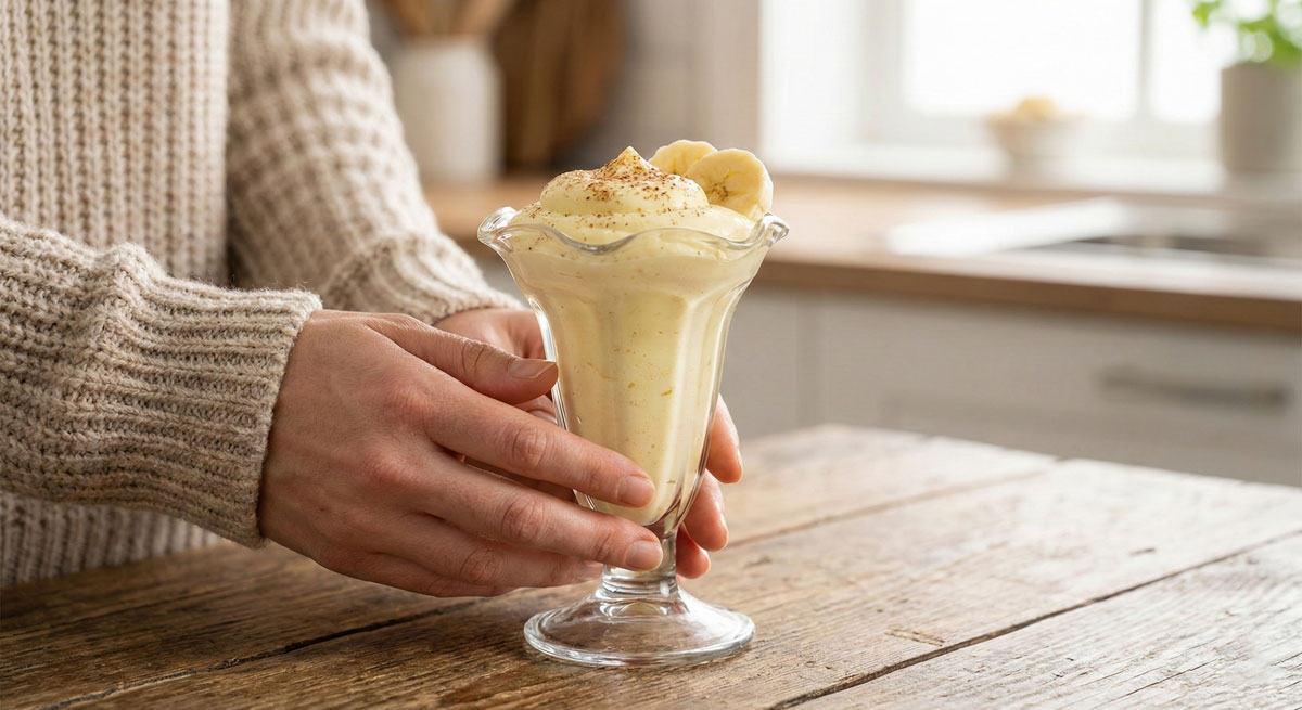 A close-up photograph of creamy banana mousse served in a glass parfait cup, garnished with fresh banana slices and nutmeg, held comfortably by a woman's hands in a rustic kitchen setting.