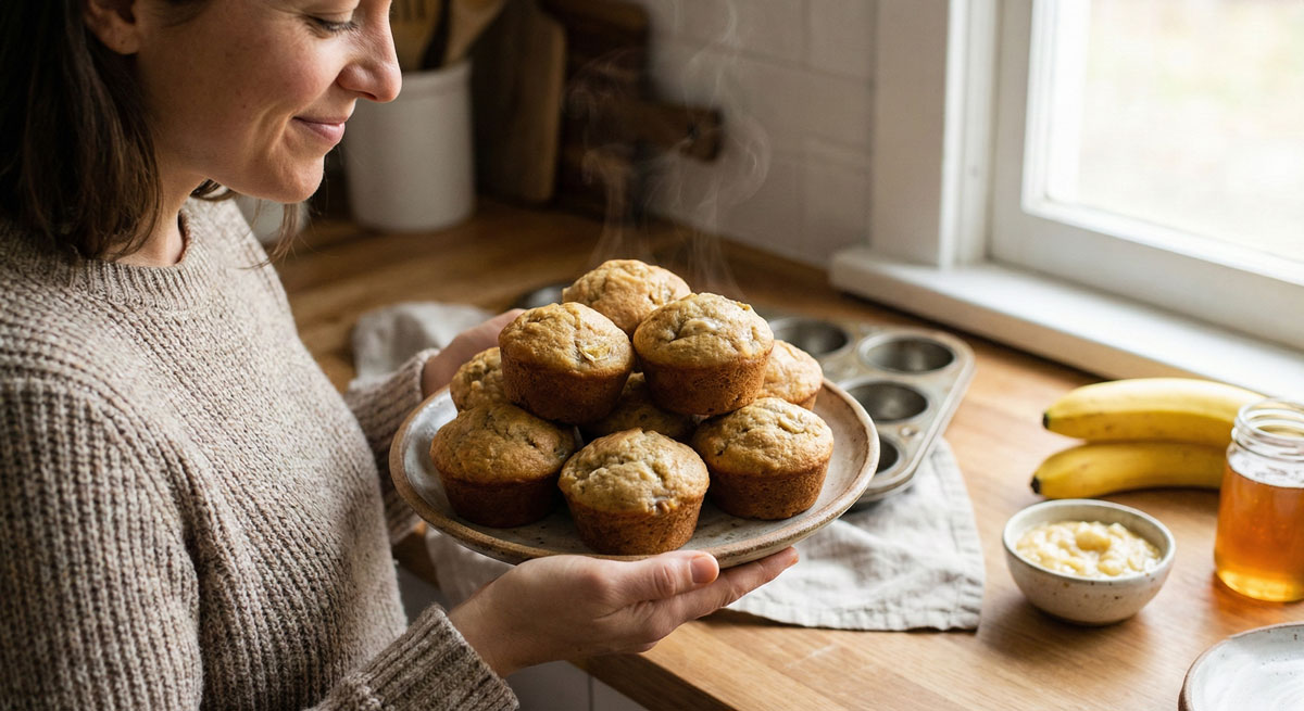 Smiling woman holding a rustic plate piled high with warm, homemade banana muffins sweetened with honey.
