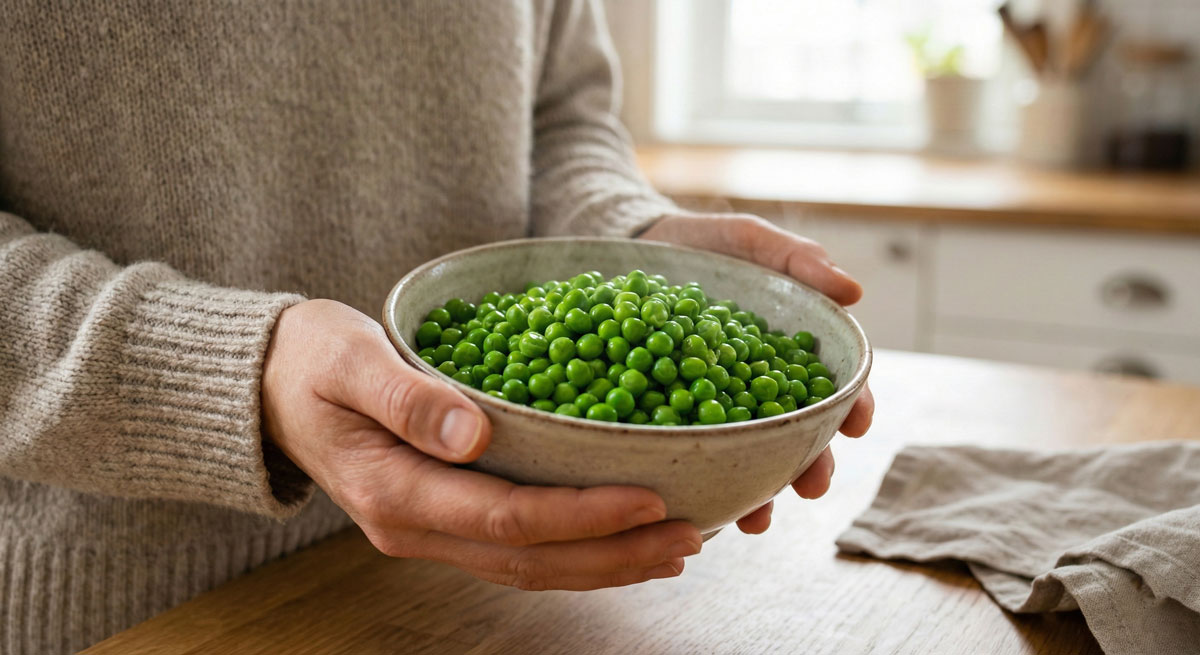 Close-up of a woman's hands holding a warm ceramic bowl filled with bright green, steaming Vegetarian Basic Peas in a cozy kitchen.
