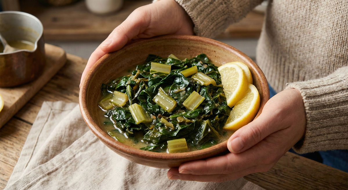 A close-up photograph of a woman's hands holding a rustic ceramic bowl filled with Braised Swiss Chard, showing wilted green leaves and tender stems garnished with fresh lemon wedges.