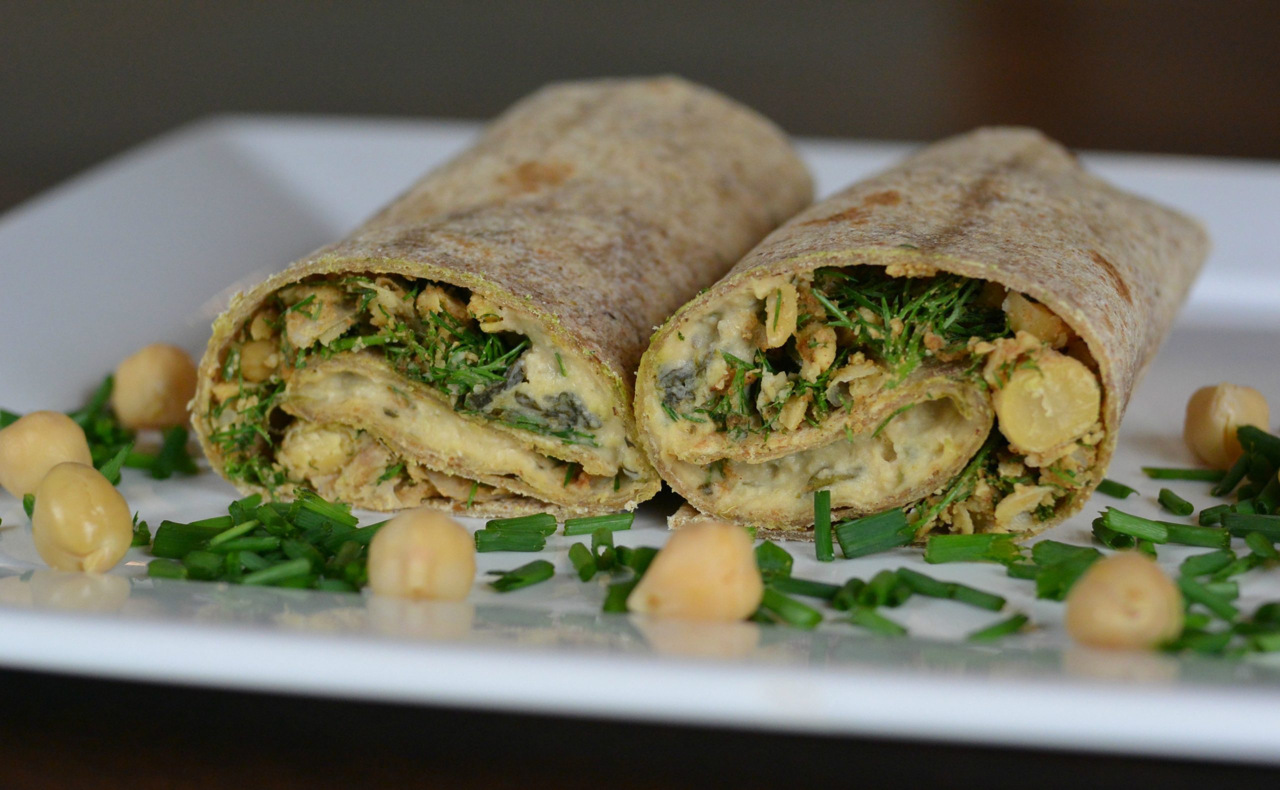 Artichoke-hummus wraps with spinach tortillas