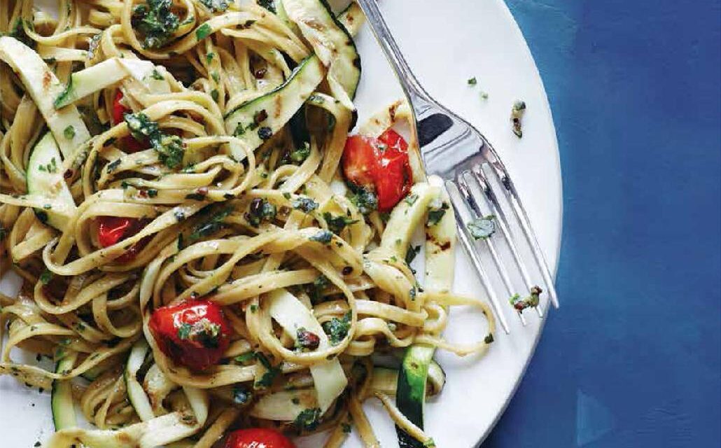 LINGUINE WITH GRILL-ROASTED TOMATOES & ZUCCHINI PESTO