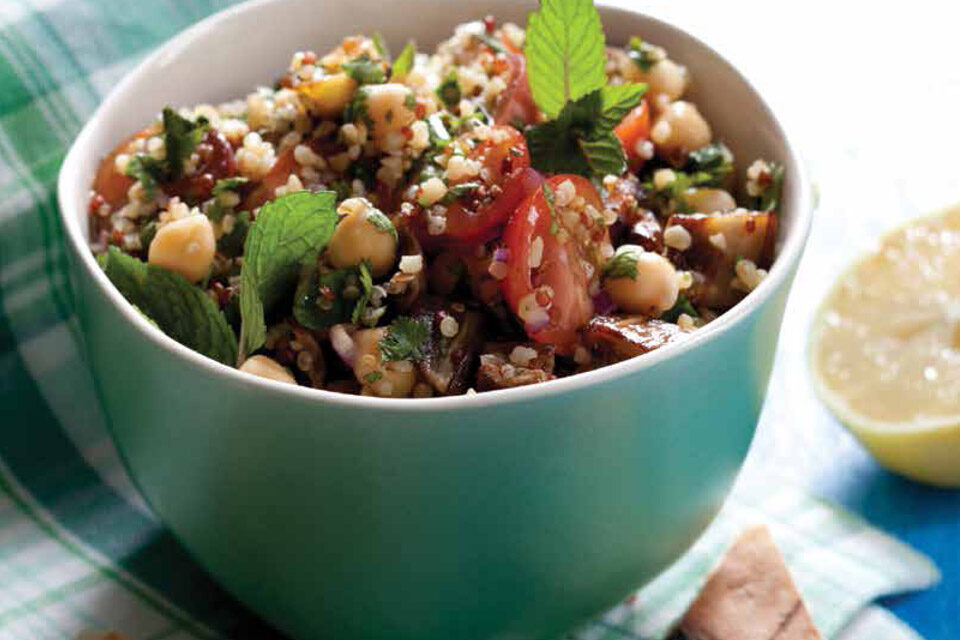 MIXED-GRAIN TABBOULEH WITH ROASTED EGGPLANT, CHICKPEAS & MINT