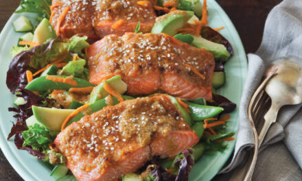 Miso Soy Broiled Salmon with Salad Greens and Snap Peas