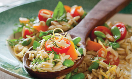 Lemon Orzo with Edamame, Orange Peppers and Cherry Tomatoes