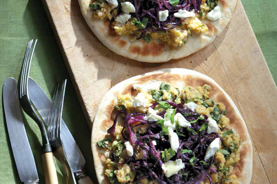 CHICKPEA & RED CABBAGE PITA PIZZAS WITH TOASTED CUMIN