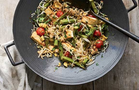 Stir-Fried Noodles with Tofu, Okra, and Cherry Tomatoes