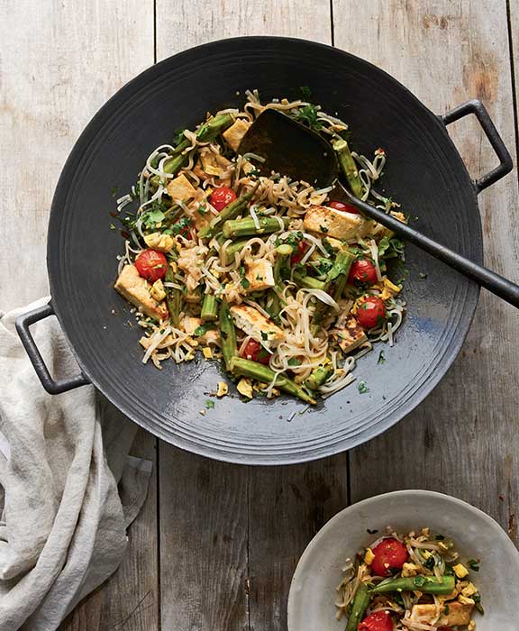 Stir-Fried Noodles with Tofu, Okra, and Cherry Tomatoes