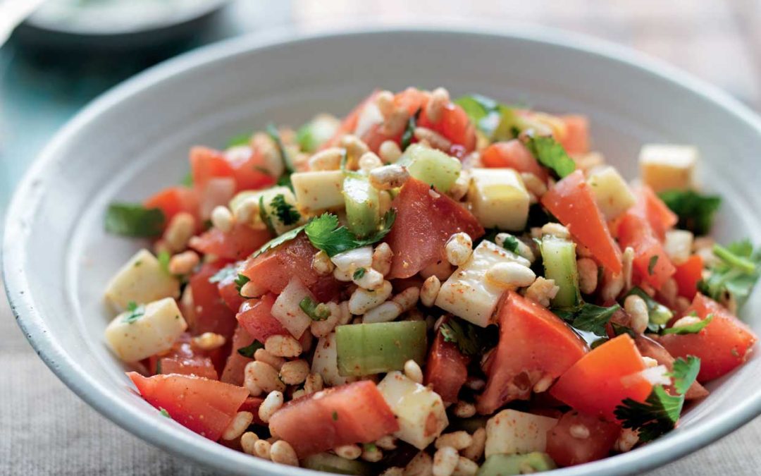 SALAD OF PUFFED RICE, CUCUMBERS, ONIONS, AND TOMATOES JHAL MOORI