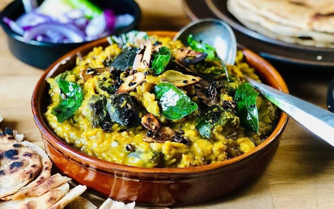 Toasted Mung Dal Soup with Tender Eggplant Cubes BAIGAN MOONG DAL