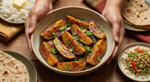 Woman holding a rustic bowl filled with golden-brown Bhona Baigan Bhaji, butter soft eggplant wedges.