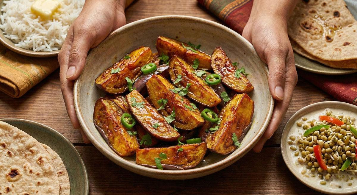 Woman holding a rustic bowl filled with golden-brown Bhona Baigan Bhaji, butter soft eggplant wedges.