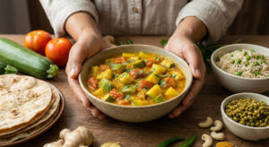 Indian style Zucchini and Tomato Curry (Louki Tamatar Tarkari) with ginger and cashews served with rice and chapati