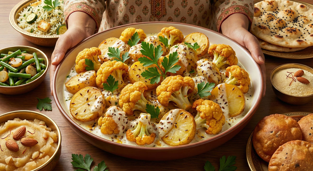 Cauliflower-and-Potato-Surprise-GOBHI-ALOO-BHAJI Woman holding a large serving bowl of Gobhi Aloo Bhaji (Vegetarian Cauliflower and Potato Surprise) garnished with fresh parsley.