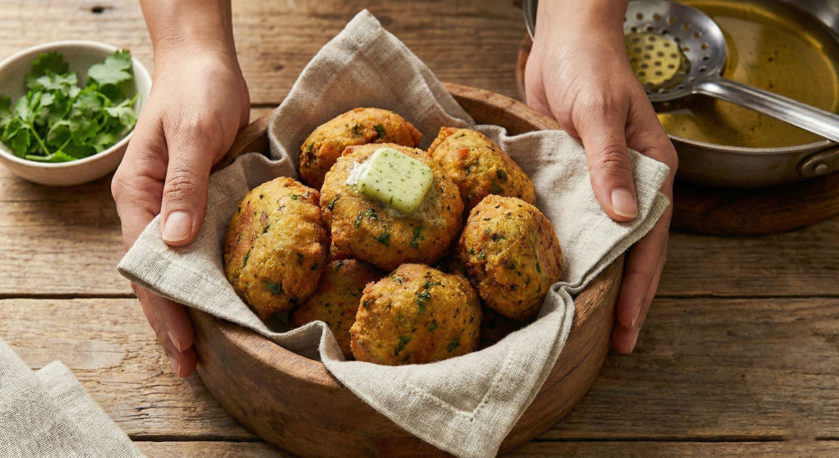 Crisp-‘n’-Soft-Mixed-Vegetable-Croquettes-EKADASEE-ARBI-ALOO-BADA Crisp and soft Ekadasee Arbi Aloo Bada vegetable croquettes served in a basket with mint-lime butter.