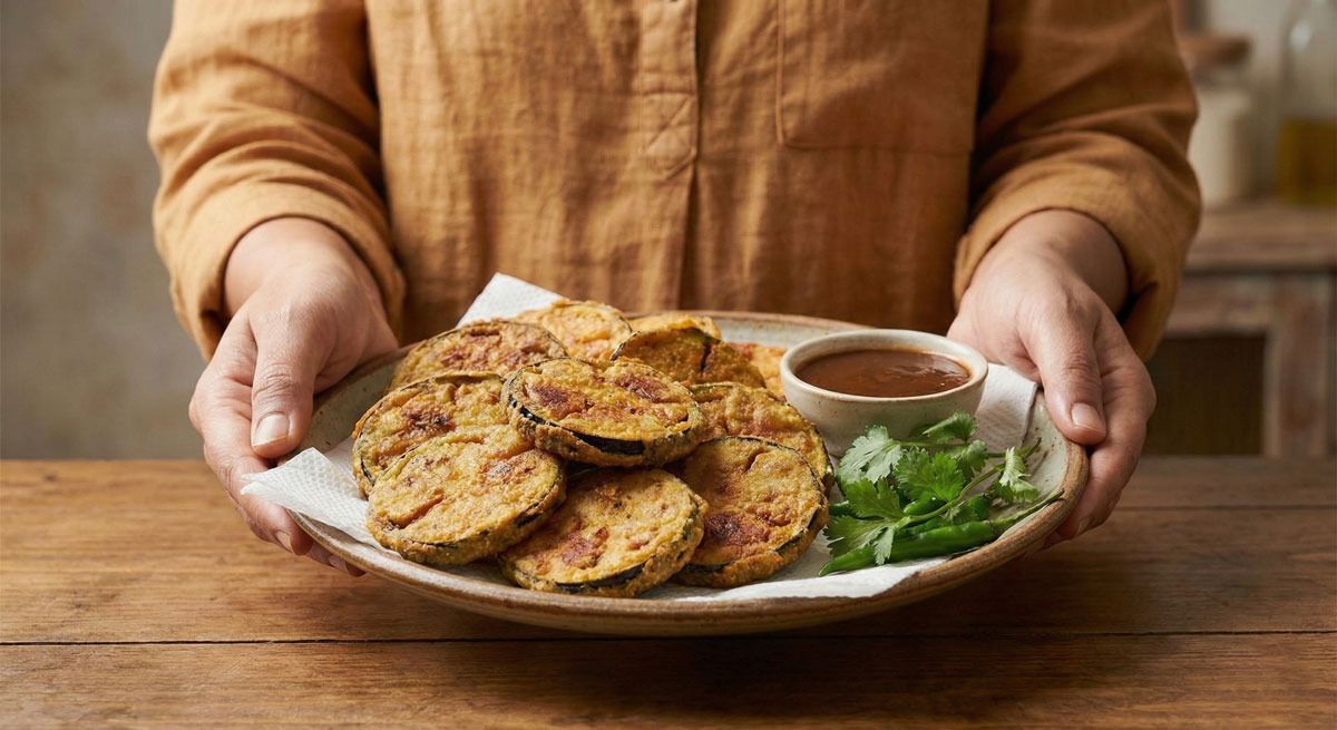 Crispy-Deep-Fried-Eggplant-Slices-BAIGAN-BHAJI Plate of crispy Baigan Bhaji deep-fried eggplant slices, golden brown and seasoned with paprika, served with dipping sauce.