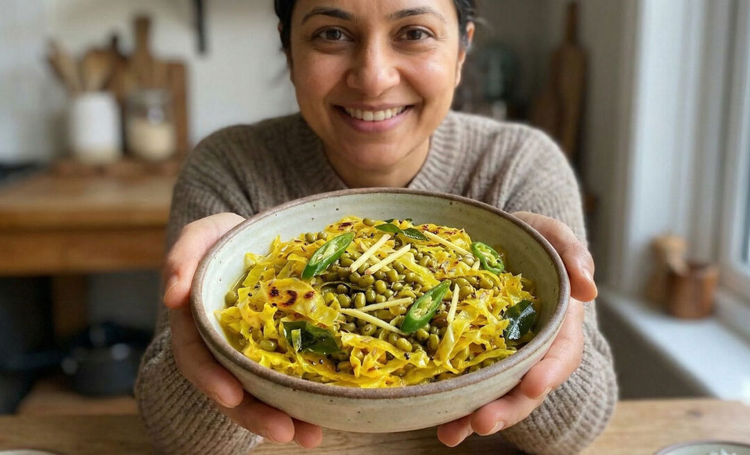 Curried Cabbage with Tender Whole Mung Beans BANDHGOBHI MOONG TARKARI