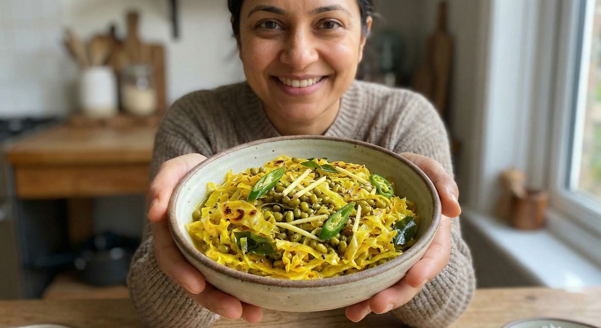 Curried-Cabbage-with-Tender-Whole-Mung-Beans-BANDHGOBHI-MOONG-TARKARI A close-up view of Bandhgobhi Moong Tarkari, featuring shredded cabbage and whole green mung beans spiced with turmeric, ginger, and fresh green chilies in a rustic serving bowl.