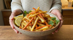 Bowl of crispy deep-fried julienne potatoes and carrots (Aloo Gajar Bhaji) seasoned with cayenne pepper and salt.