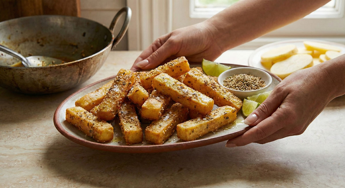 Double-Fried-Potatoes-KHASA-ALOO-BHAJI Plate of golden Khasa Aloo Bhaji double-fried potatoes coated in sesame seeds and served with lime wedges.