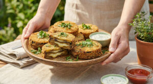 Golden brown Khasa Baigan Bhaji eggplant fritters served on a rustic plate with fresh herb garnish and dipping sauce.