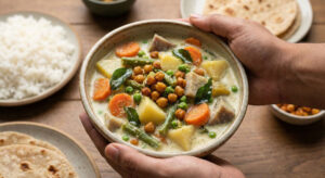 Bowl of creamy South Indian Garden Vegetable Stew (Aviyal) loaded with carrots, beans, and potatoes, topped with crunchy fried dal badis.