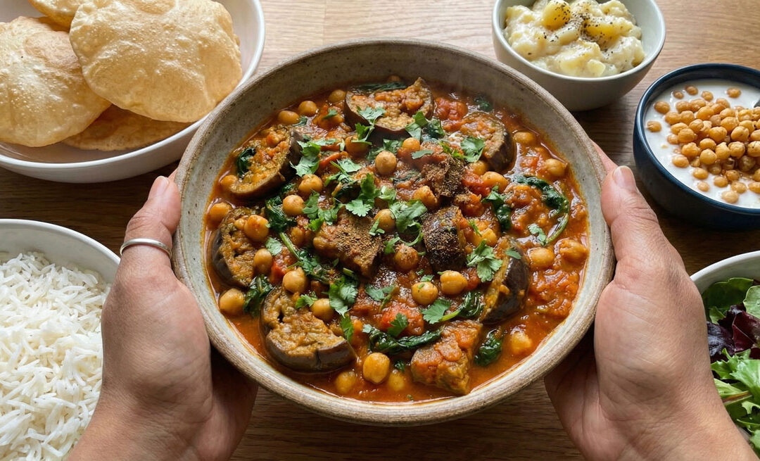 Gingered Chickpeas with Eggplant, Spinach and Tomato KABLI CHANA BAIGAN TARKARI