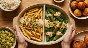 Creamy Masala Aloo Bhaji recipe with julienne potatoes and whole okra.