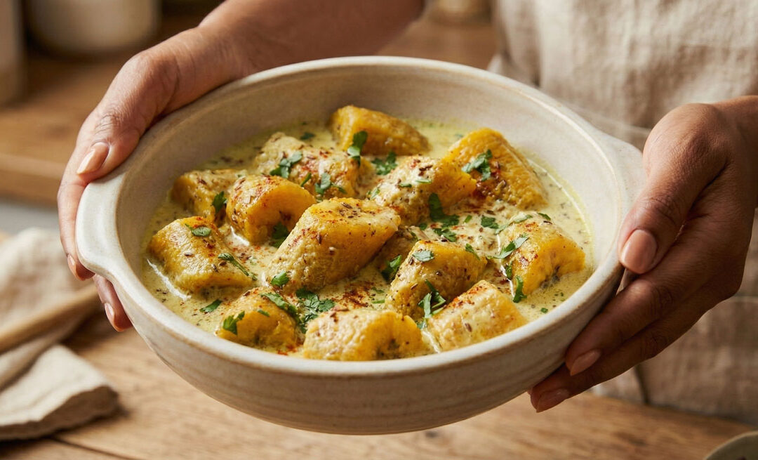 Plantains in Seasoned Coconut Sauce KACHA KELA FOOGATH