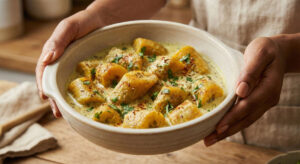 Woman holding a bowl of Kacha Kela Foogath, plantains in seasoned coconut sauce, garnished with fresh coriander and roasted cumin seeds.