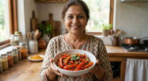 Woman holding a bowl of Red Bell Peppers with Roasted Chickpea Flour (Simla Mirch Sabji) garnished with fresh coriander.