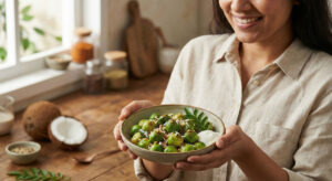 Sautéed Brussels Sprouts with Coconut recipe - Chaunk Gobhi Foogath Indian vegetarian side dish with curry leaves and spices.