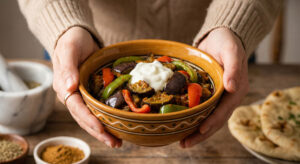 Close-up of Sautéed Eggplant and Bell Pepper (Baigan Simla Mirch Tarkari) garnished with fresh herbs.